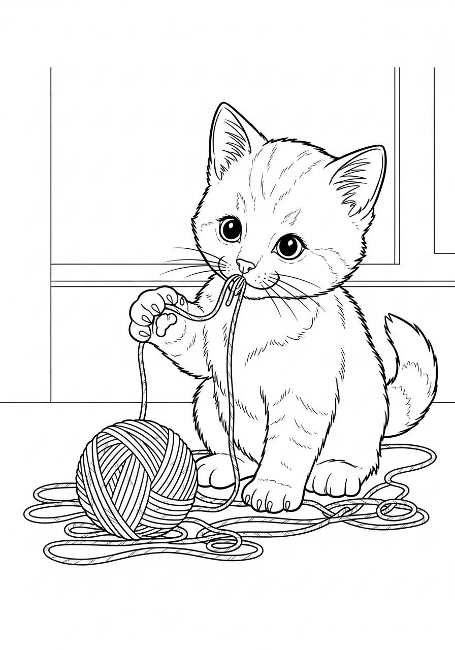 Coloriage chaton mignon jouant avec de la laine