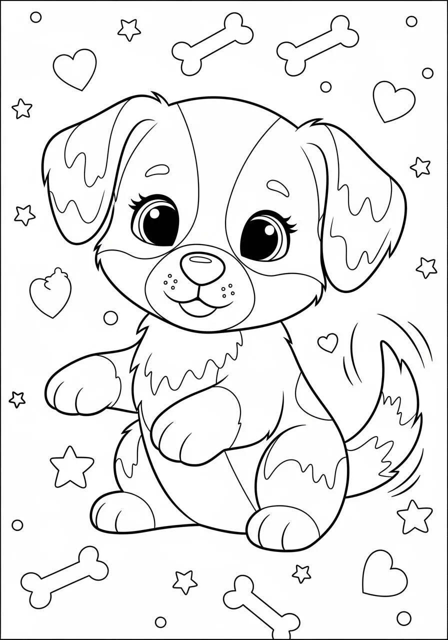 Cute Puppy Playing with Stars Coloring Page