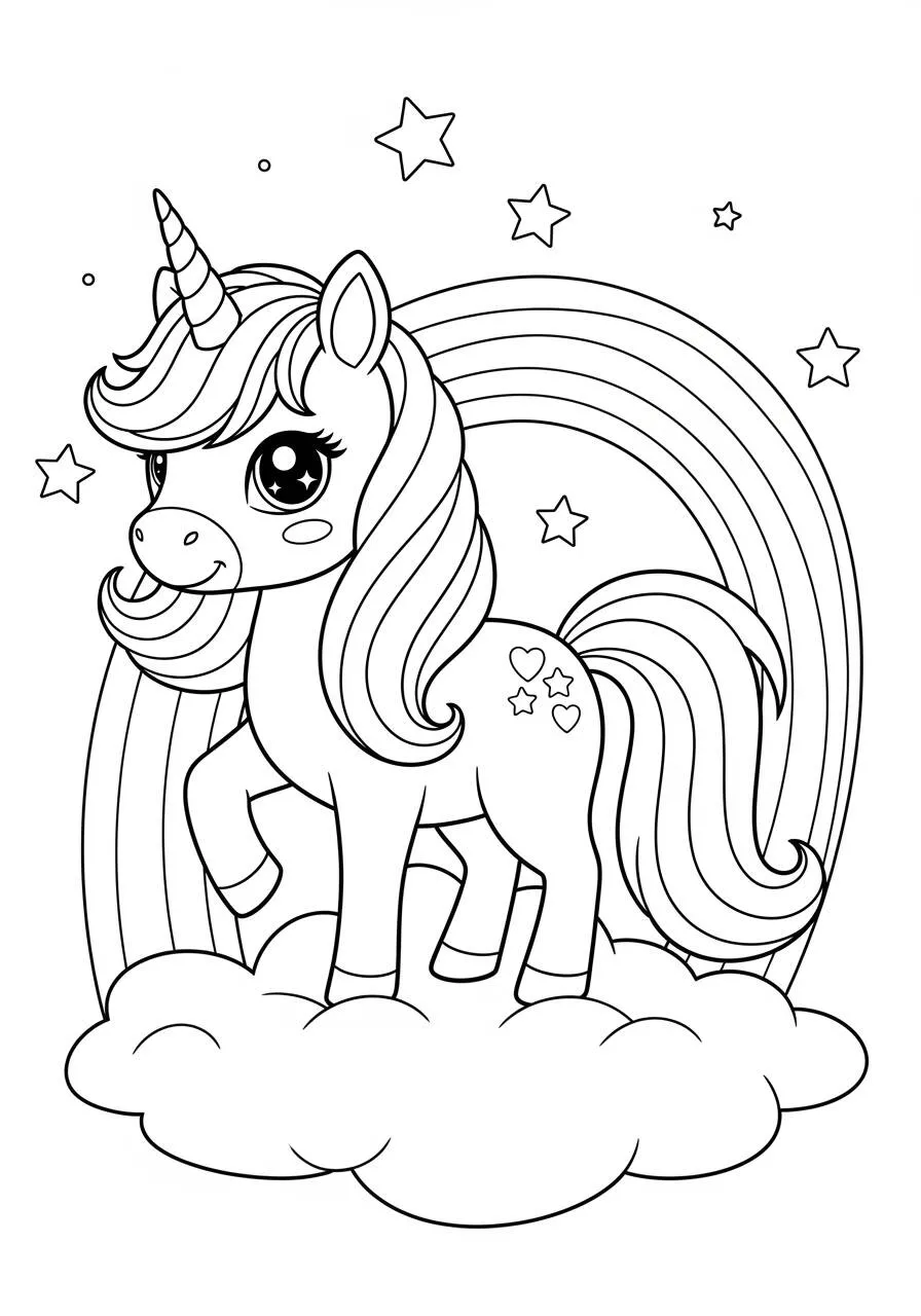 Cute Unicorn with Rainbow and Stars Coloring Page