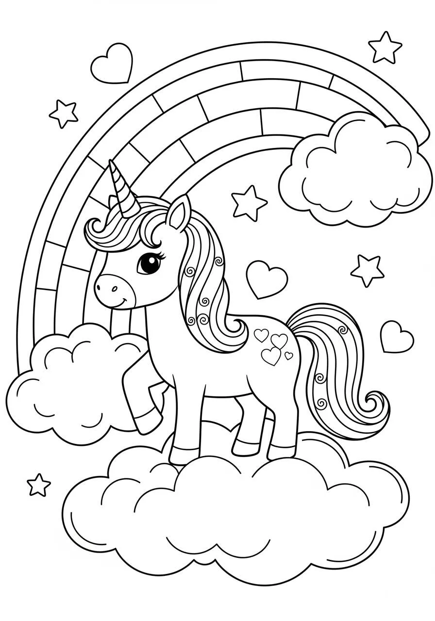 Cute Unicorn with Rainbows and Clords Coloring Page