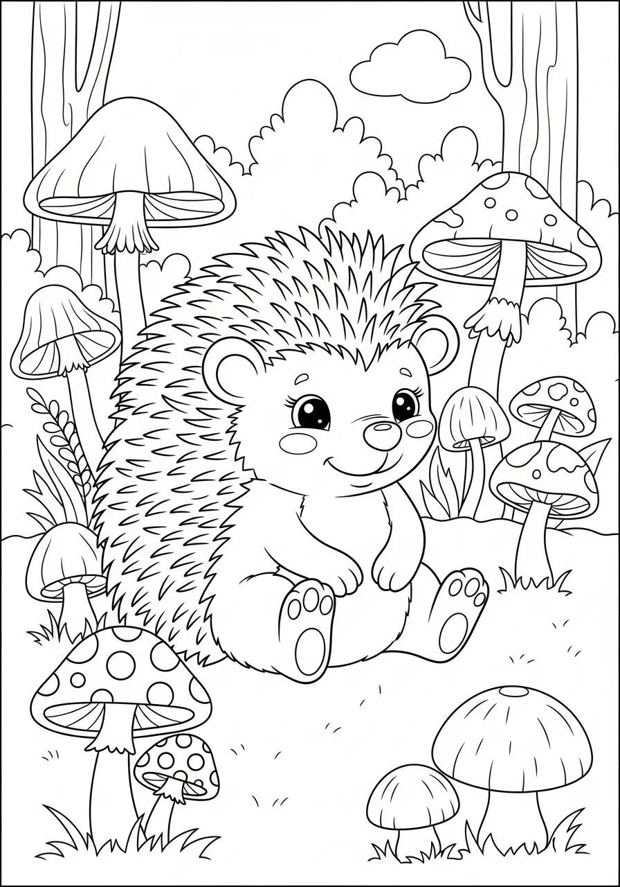 Cute Hedgehog with Mushrooms Coloring Page