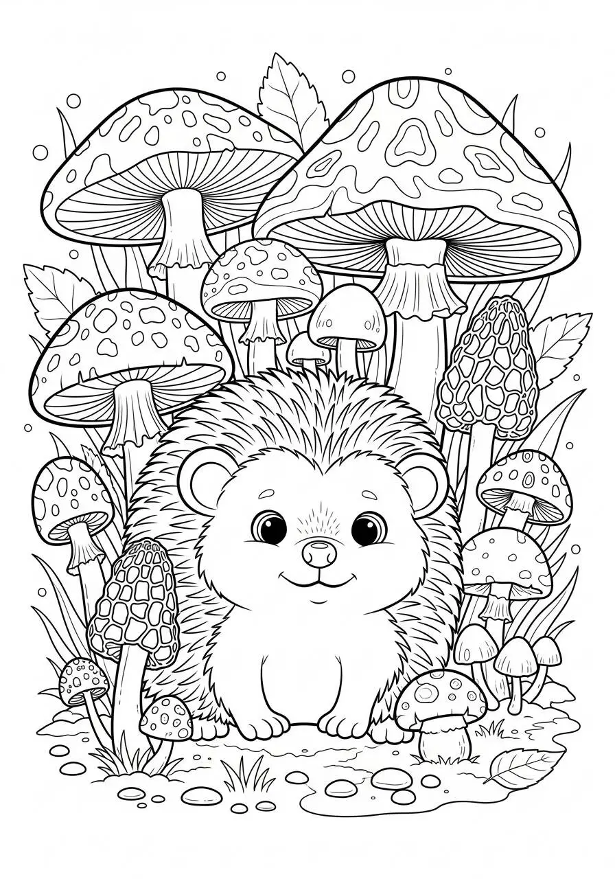 Cute Hedgehog with Mushrooms Coloring Page