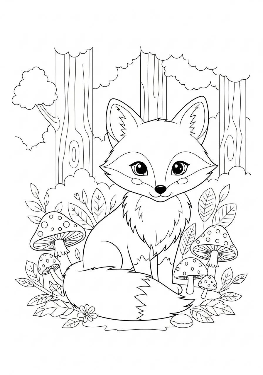 Cute Little Fox Among Mushrooms Coloring Page