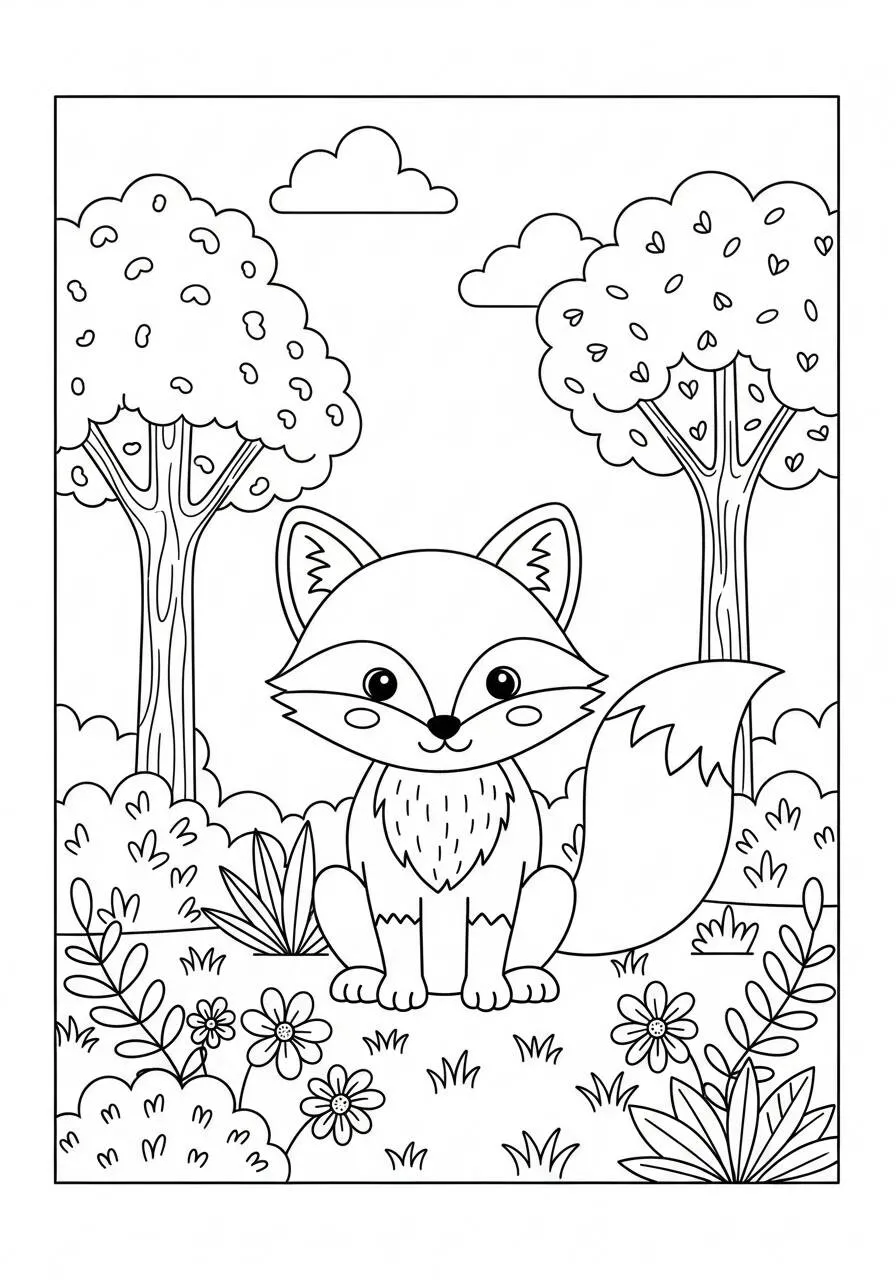 Cute Fox in a Garden Coloring Page