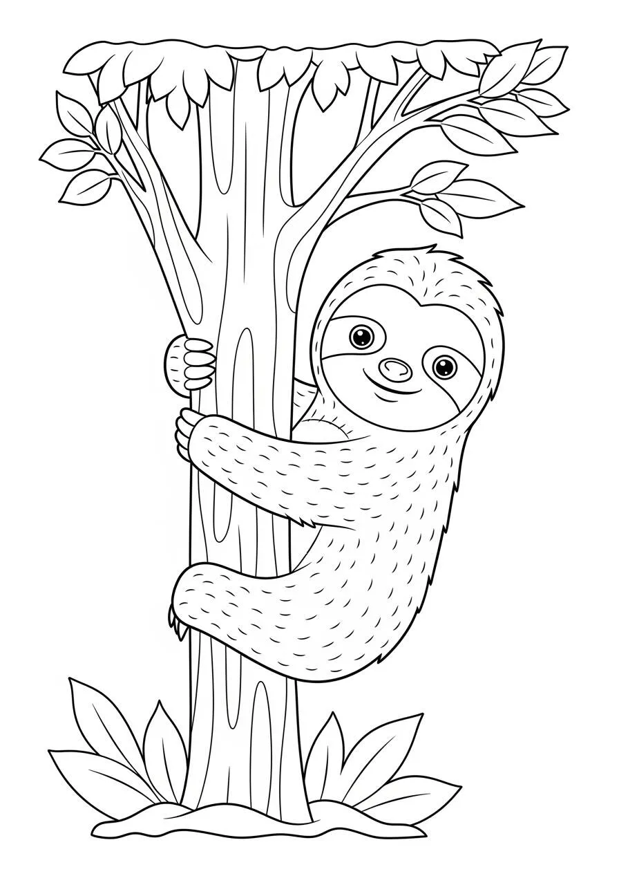 Cute Sloth Hugging Tree Coloring Page