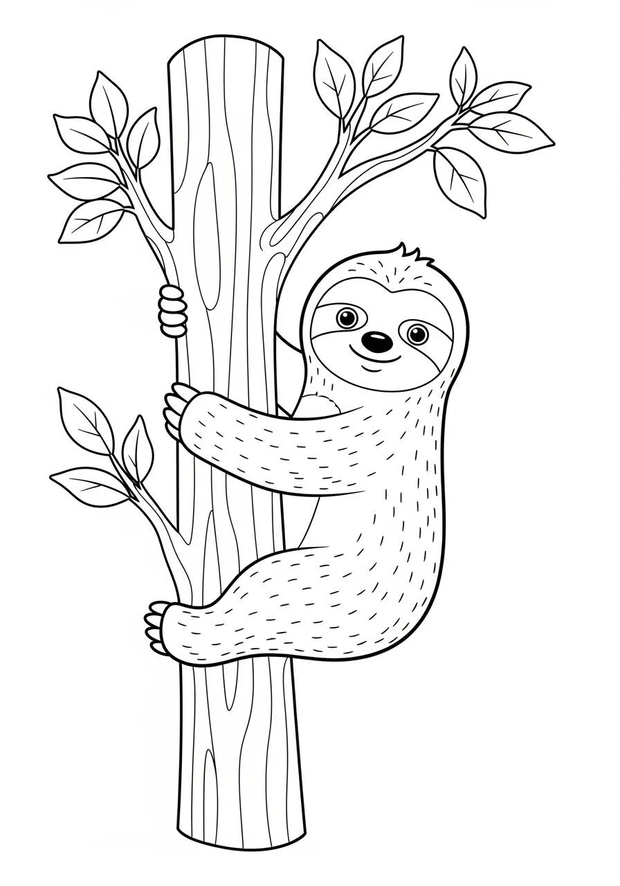 Cute Sloth Climbing a Tree Coloring Page