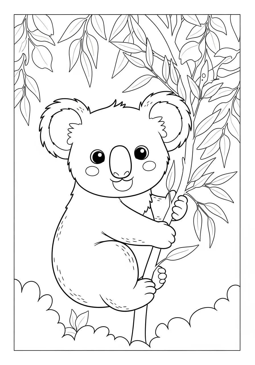 Cute Koala Hugging a Tree Coloring Page
