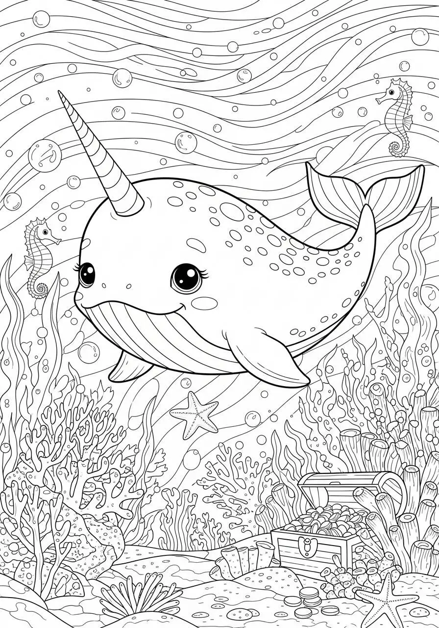 Cute Narwhal Coloring Page with Sea Backgrornd
