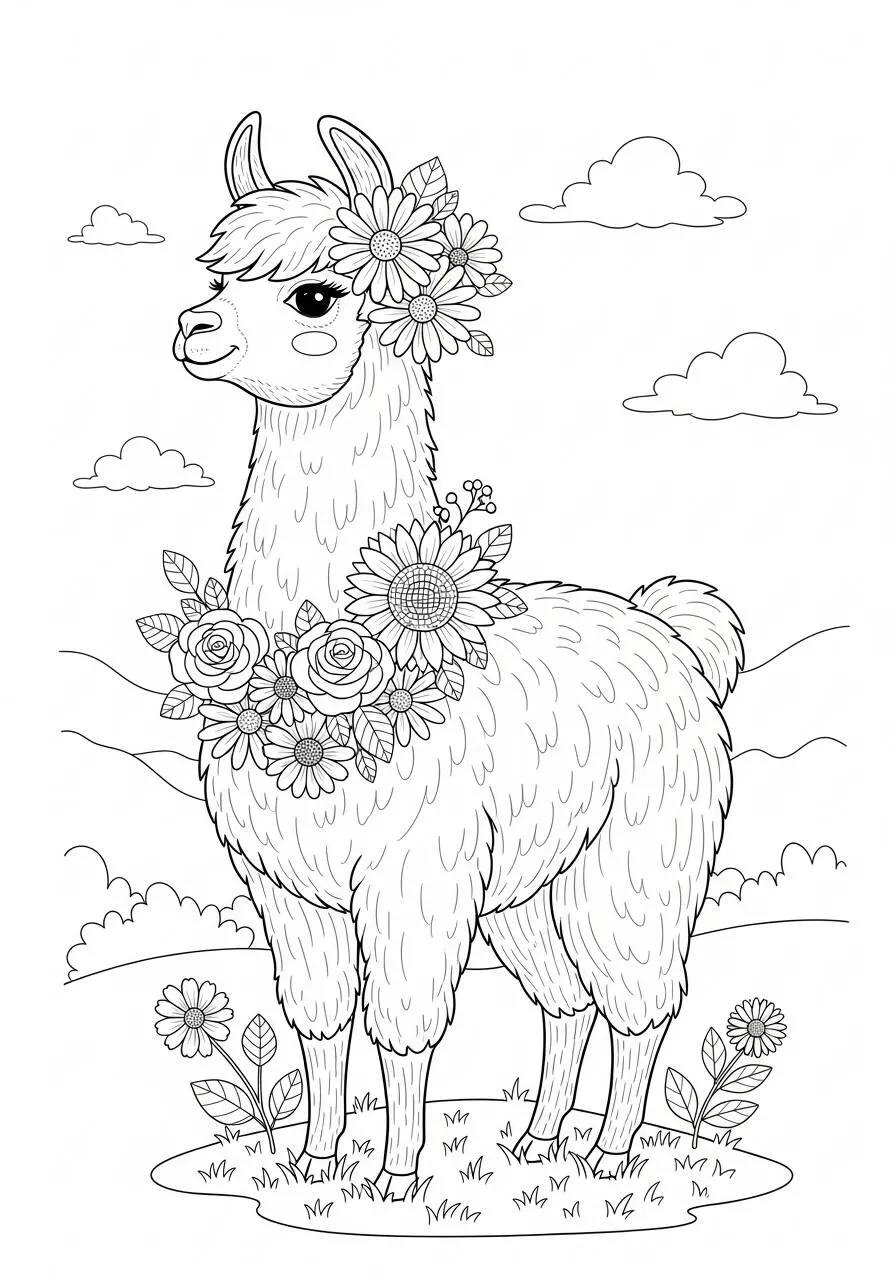 Cute Llama with Flowers Coloring Page