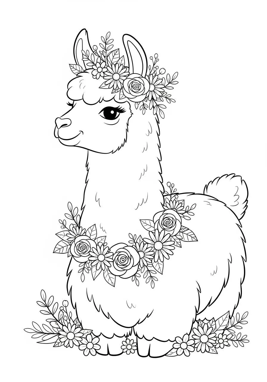 Cute Llama with Flowers Coloring Page