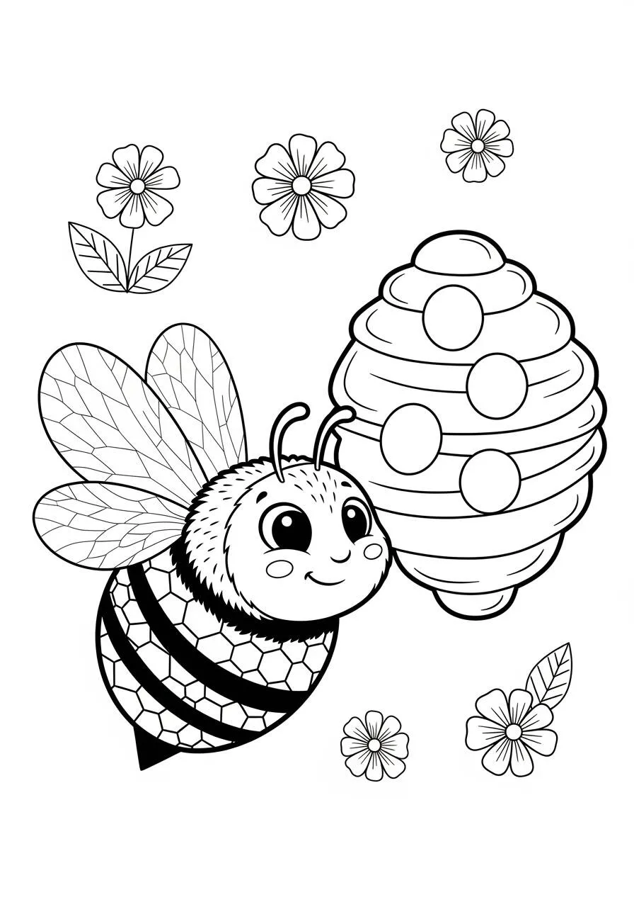 Desenho Fofo de Abelhinha com Colmeia para Colorir