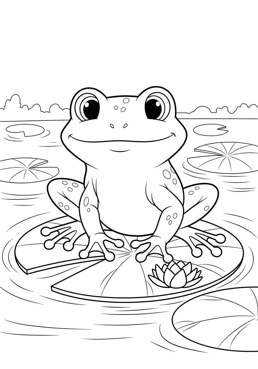 Desenho Fofo de Sapo Feliz em uma Flor de Lótus para Colorir