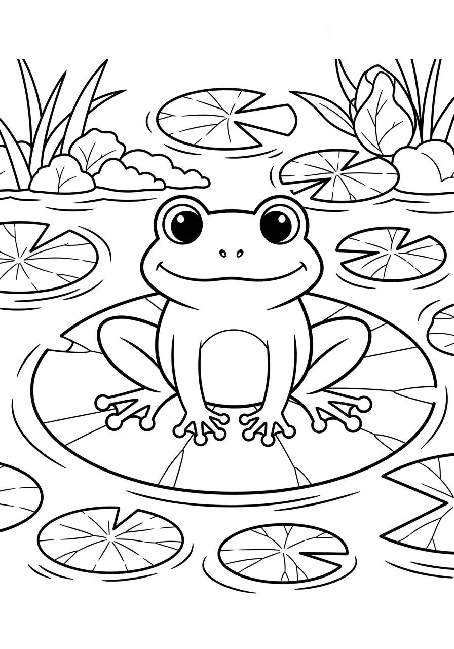 Desenho Fofo de Sapo em uma Flor de Lótus para Colorir