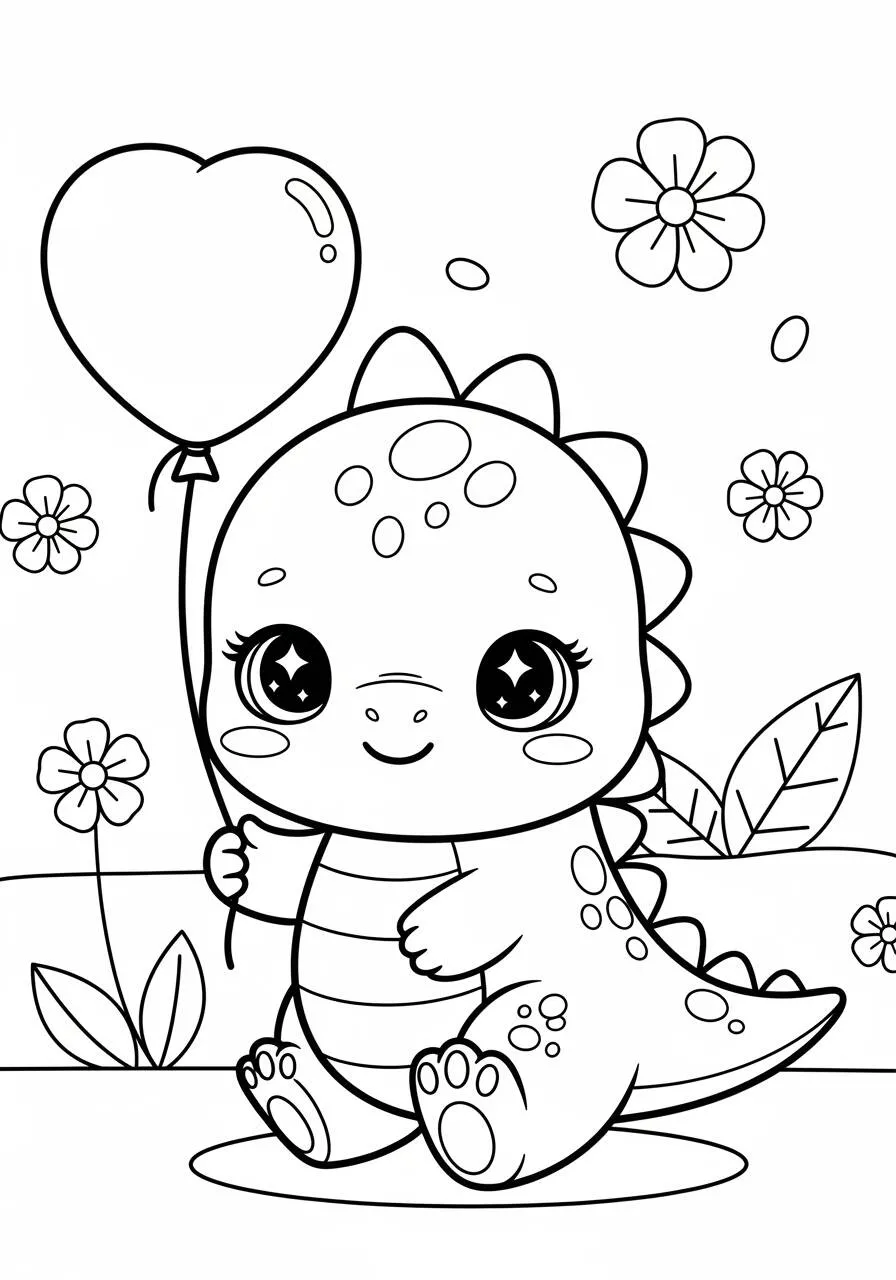 Desenho Fofo de Dinossaurinho com Balão para Colorir