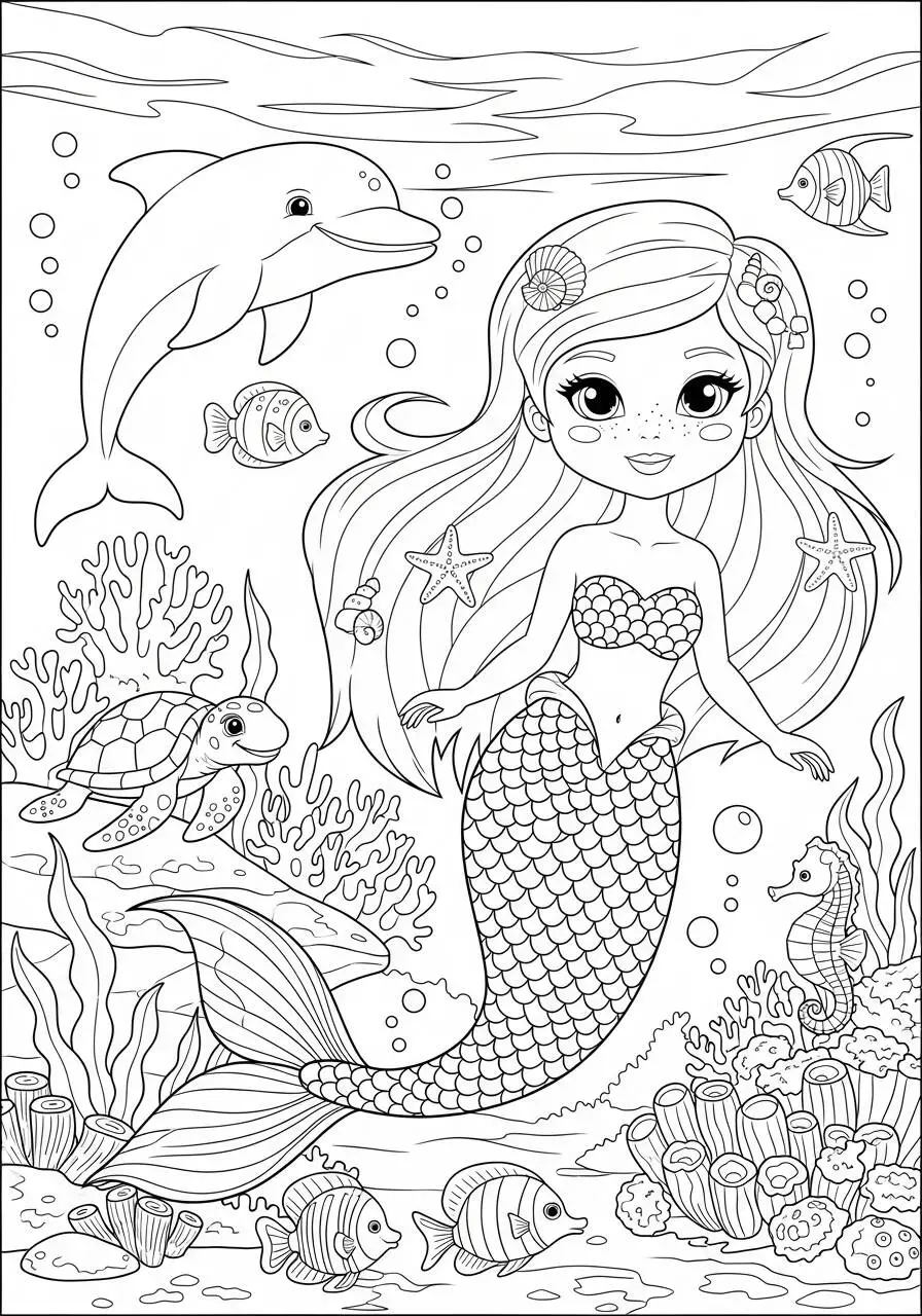 Desenho Fofo de Sereia com Golfinho para Colorir