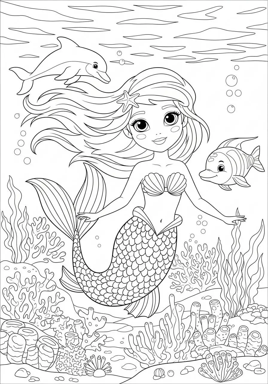 Cute Mermaid with Dolphins Coloring Page