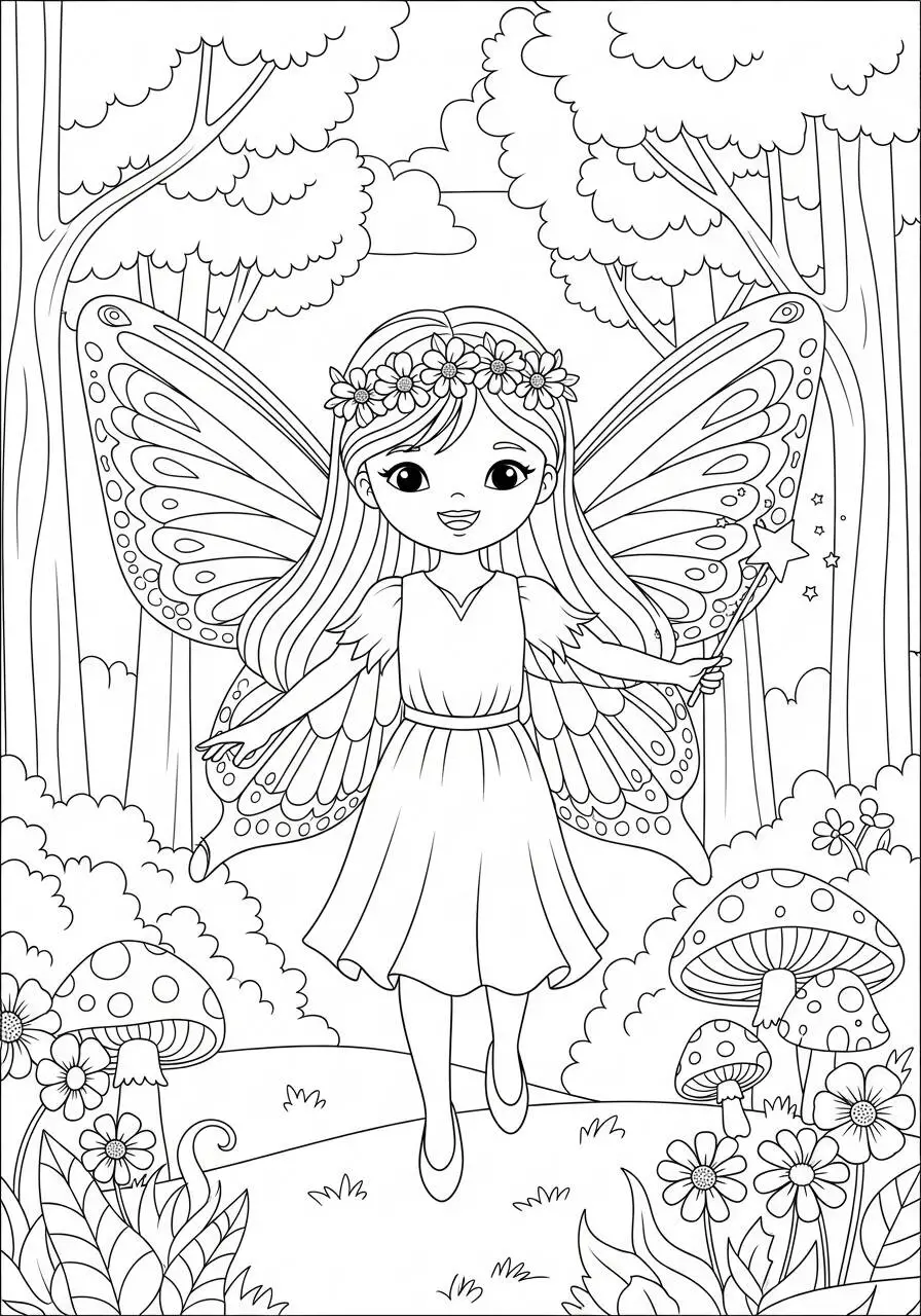 Cute Fairy with Colorful Wings Coloring Page