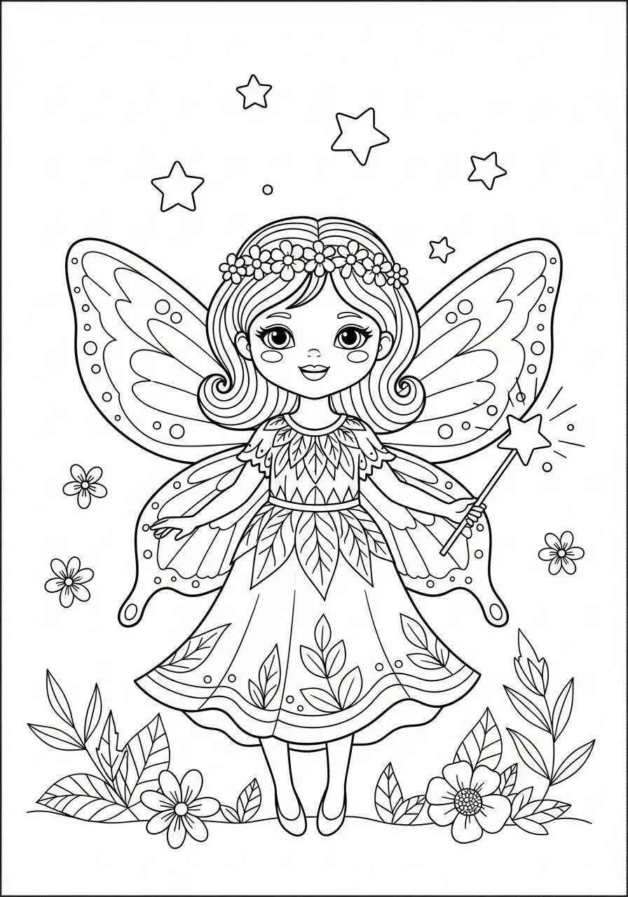 Cute Fairy with Wings and Wand Coloring Page