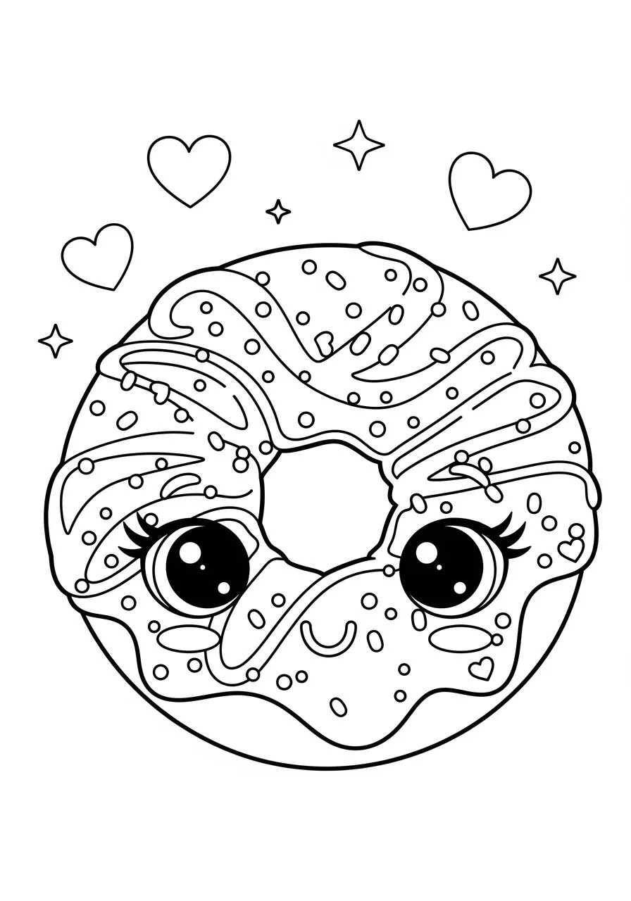 Cute Kawaii Donut with Bright Eyes Coloring Page