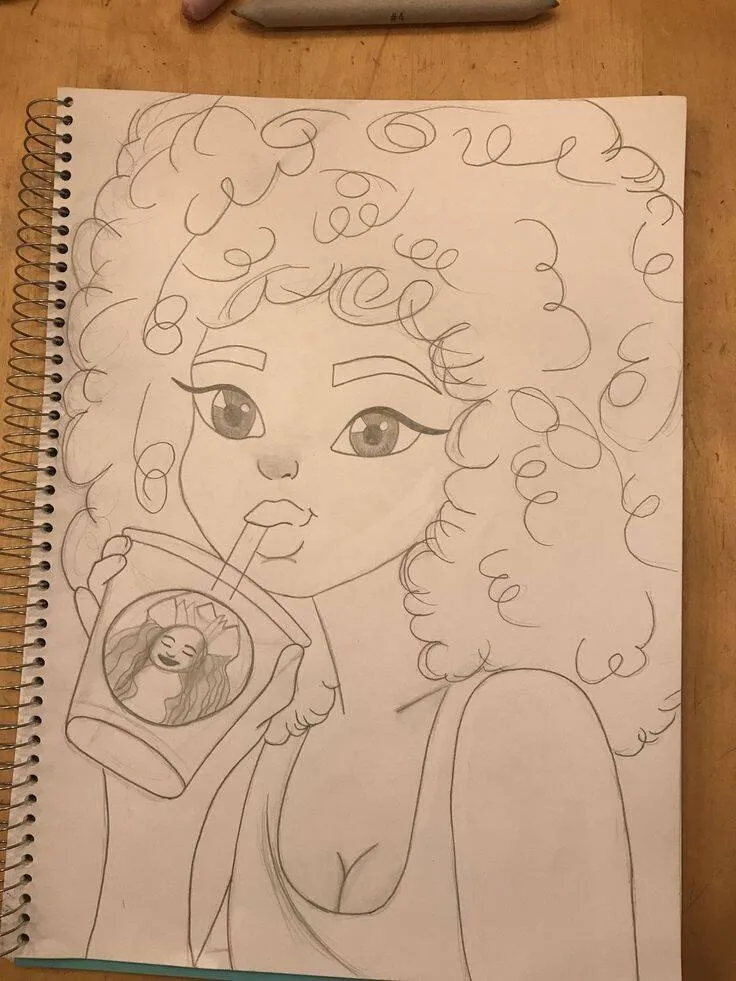 Drawing to Draw in a Notebook of a Girl with Curly Hair