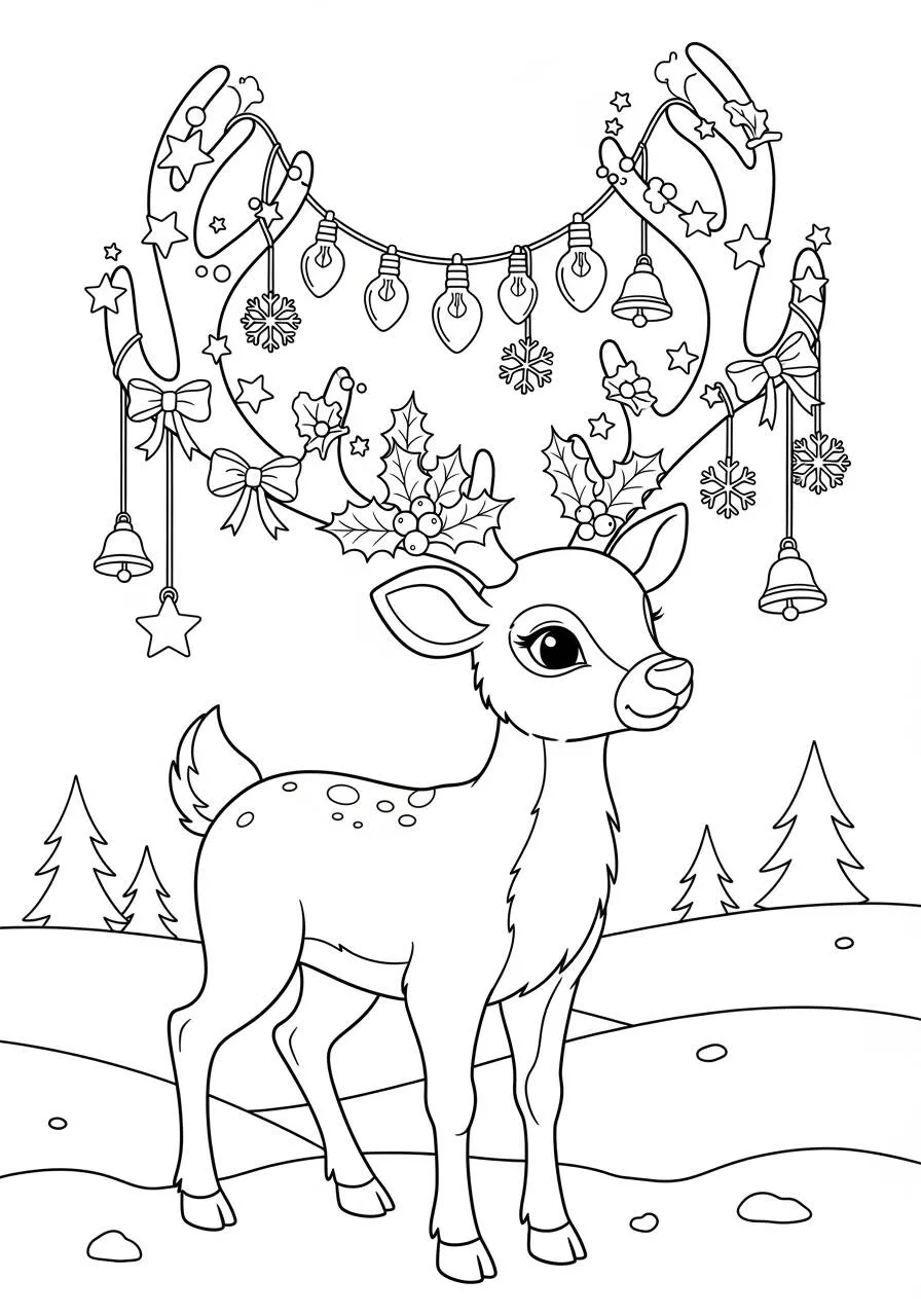 Desenho Fofo de Rena com Luzes de Natal para Colorir