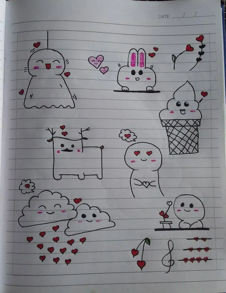 Drawing to Draw in the Notebook of Cute Characters with Hearts