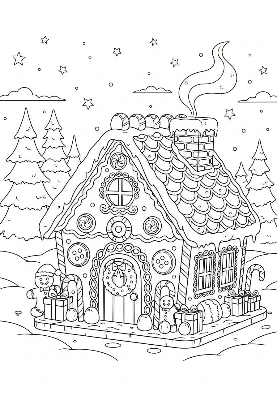Cute Gingerbread Horse with Snowmen Coloring Page