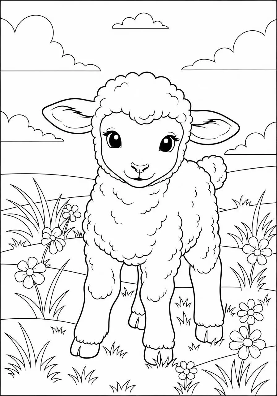 Cute Lamb in the Grass Coloring Page