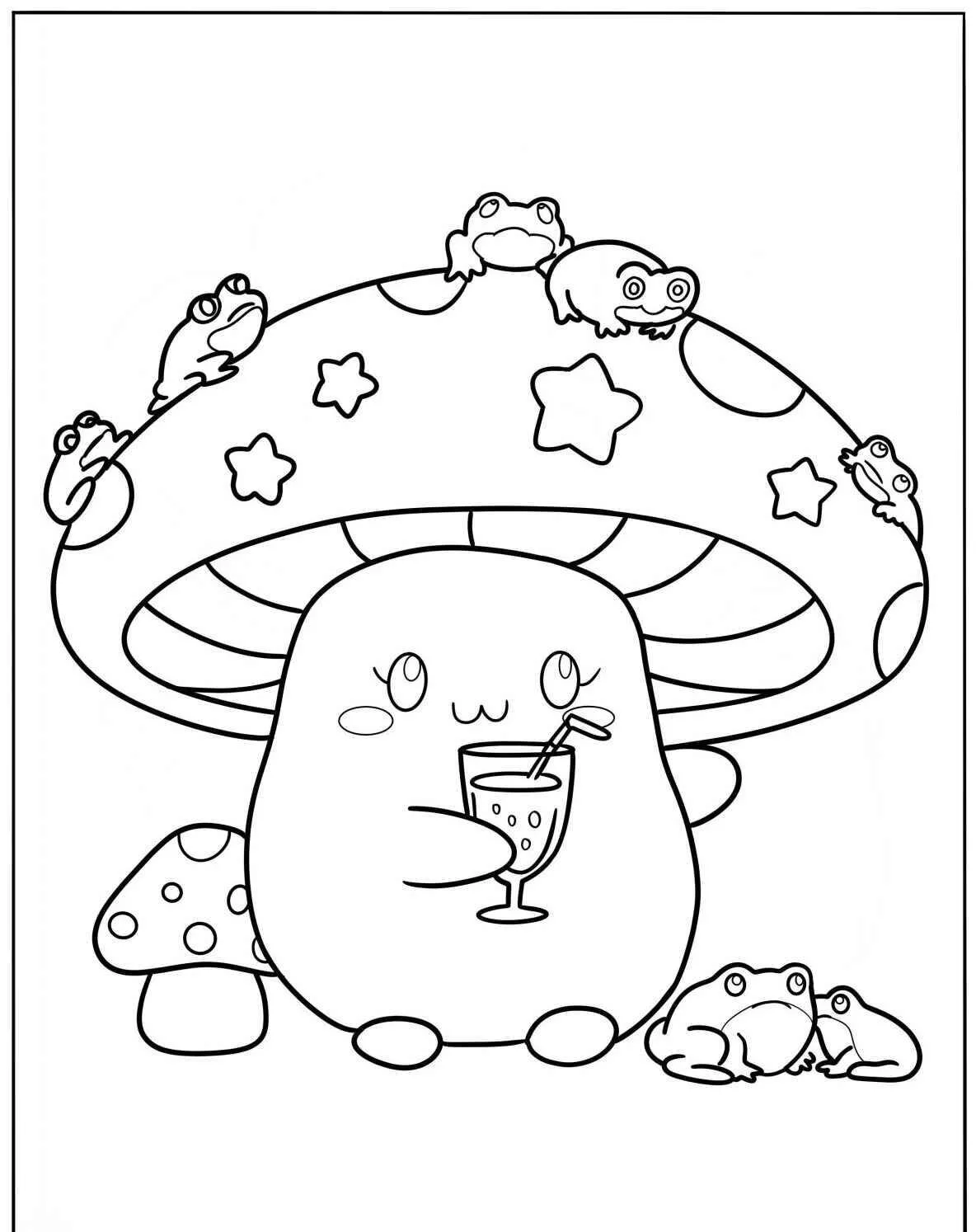 Desenho Fofo de Cogumelo com Sapo e Bebida para Colorir