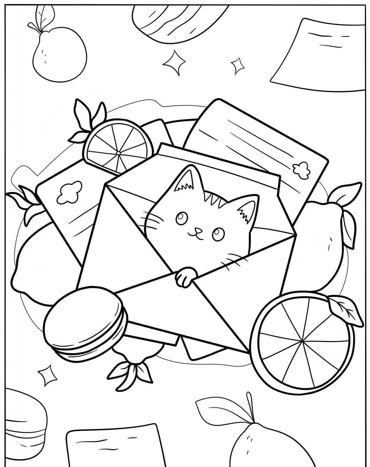 Cute Cat with Letter and Fruit Coloring Page