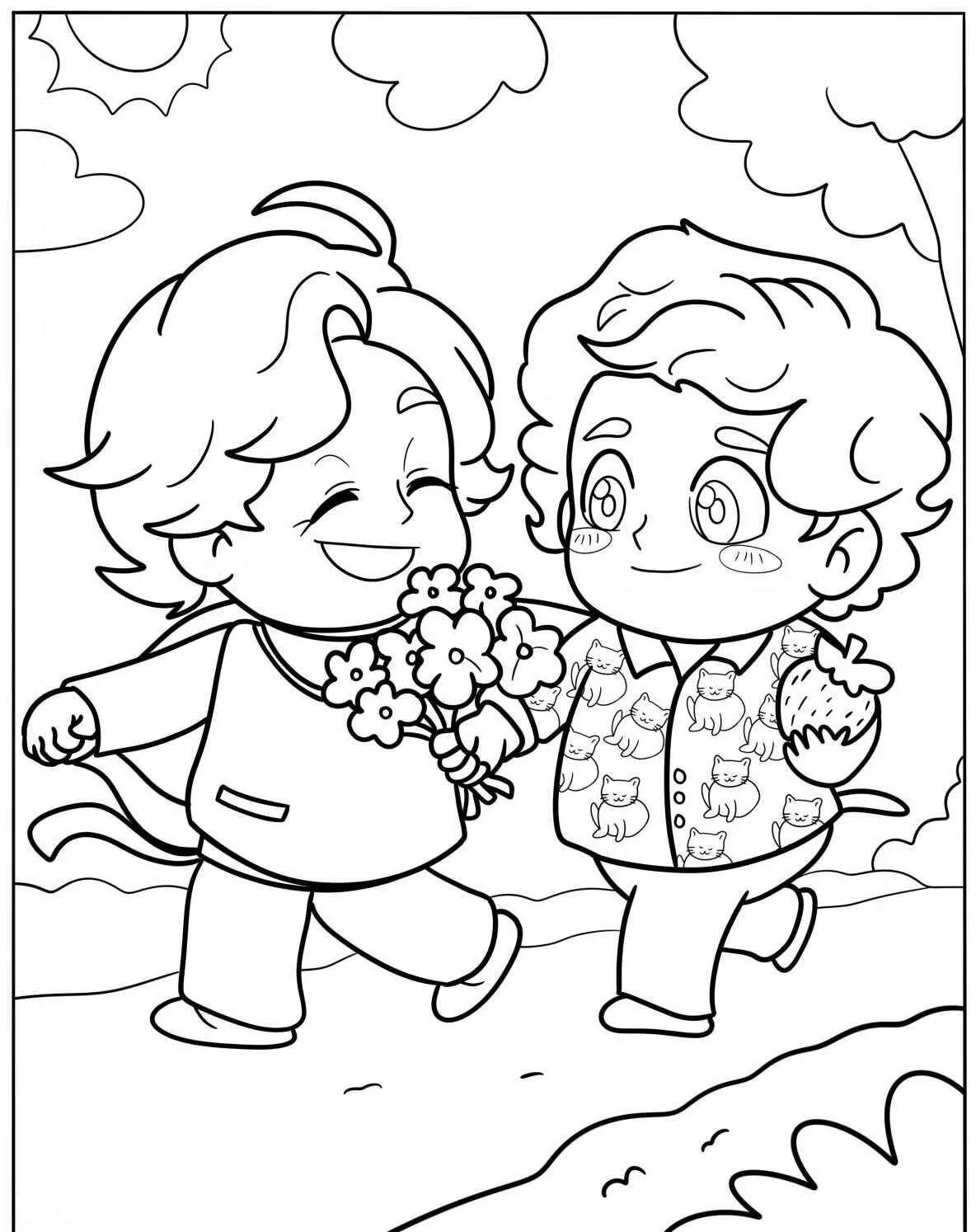 Cute Drawing of Children Walking with Flowers Coloring Page