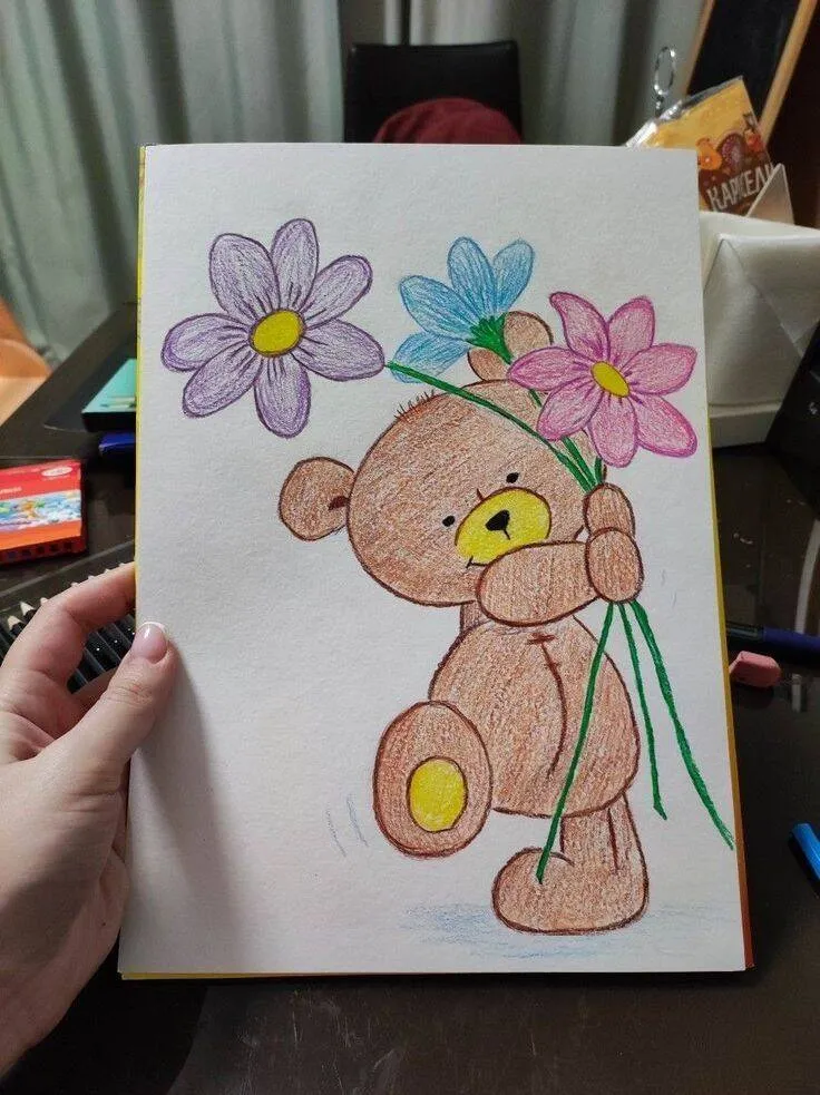 Drawing to Draw in the Cute Bear Notebook with Colorful Flowers