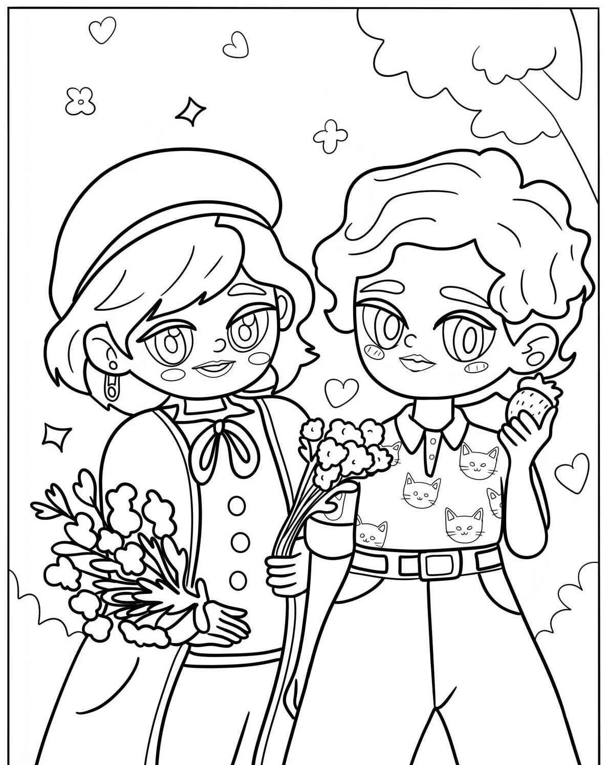 Cute Corple with Flowers and Ice Cream Coloring Page