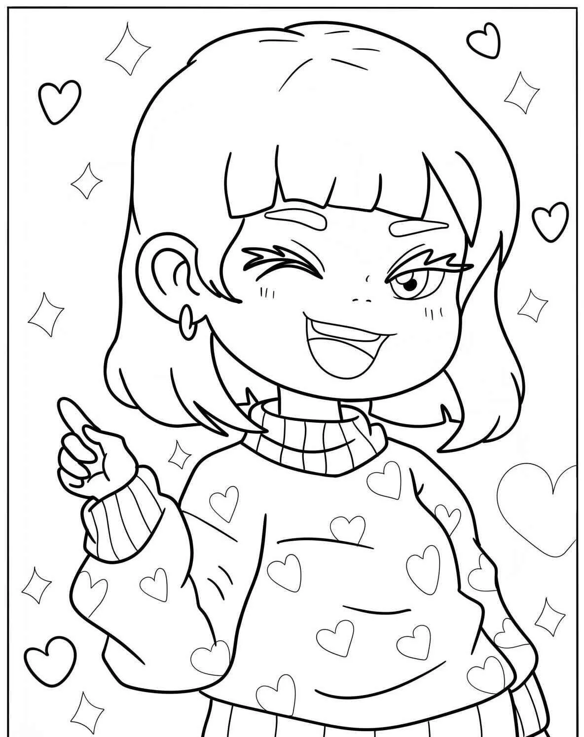 Cute Girl with Sweater and Hearts Coloring Page