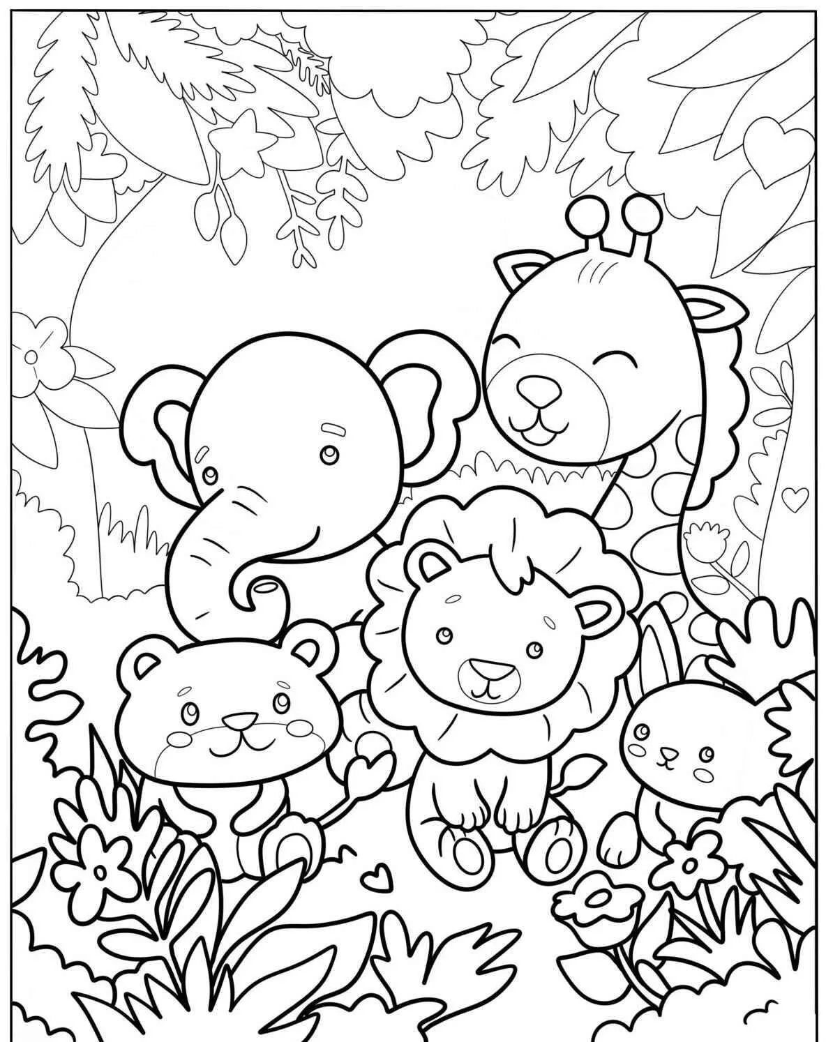 Cute Jungle Animals Coloring Page