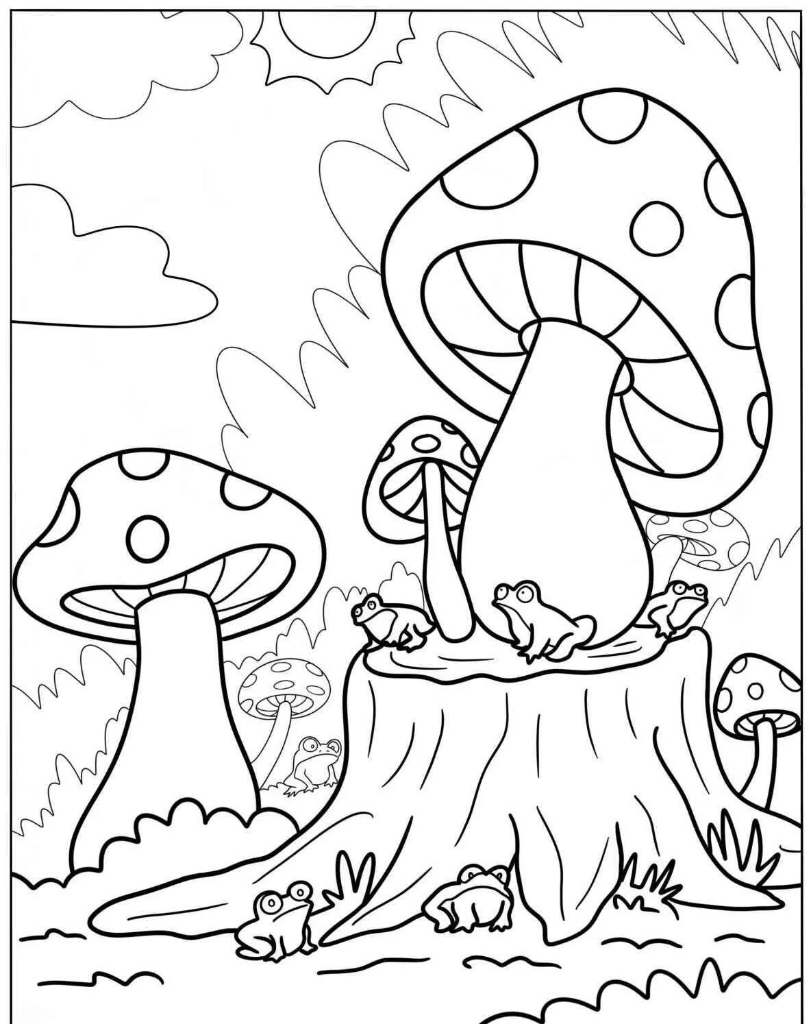 Cute Frogs under Mushrooms Coloring Page