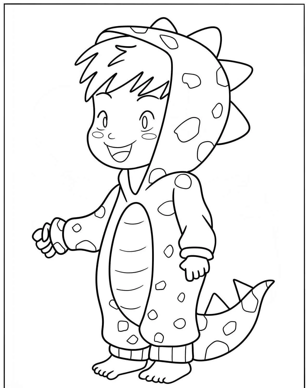 Desenho Fofo de Menino Fantasiado de Dinossauro para Colorir