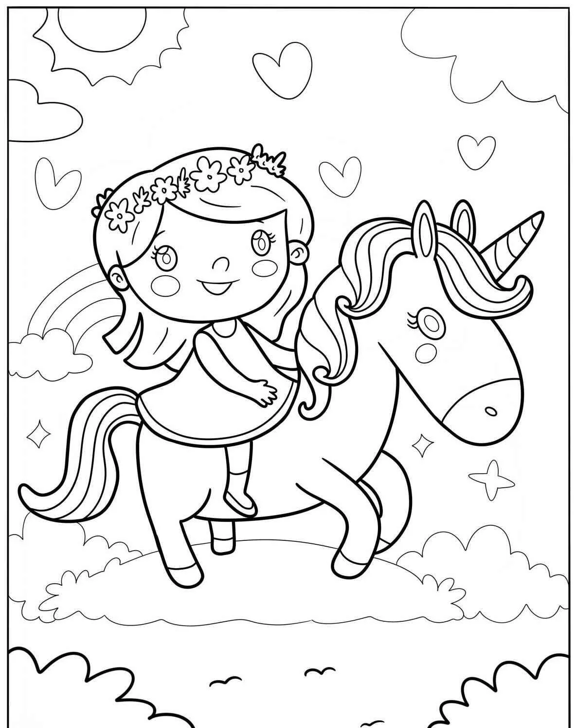 Cute Girl Riding a Unicorn Coloring Page
