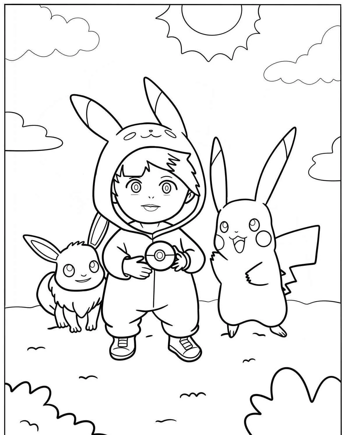 Desenho Fofo de Criança com Fantasia de Coelho e Pikachu para Colorir