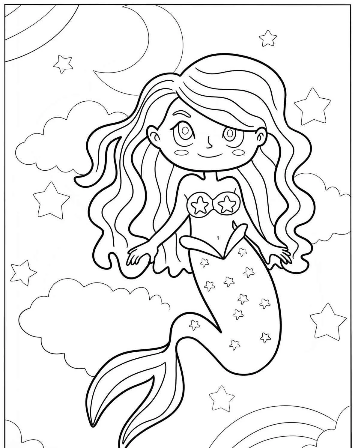 Cute Mermaid with Stars Coloring Page