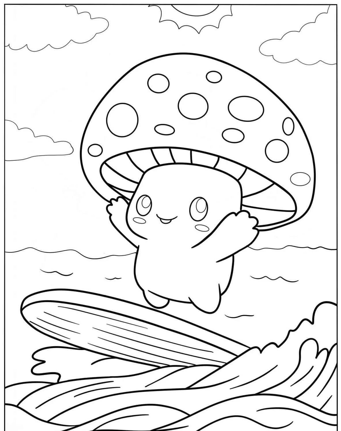Cute Surfer Mushroom Coloring Page