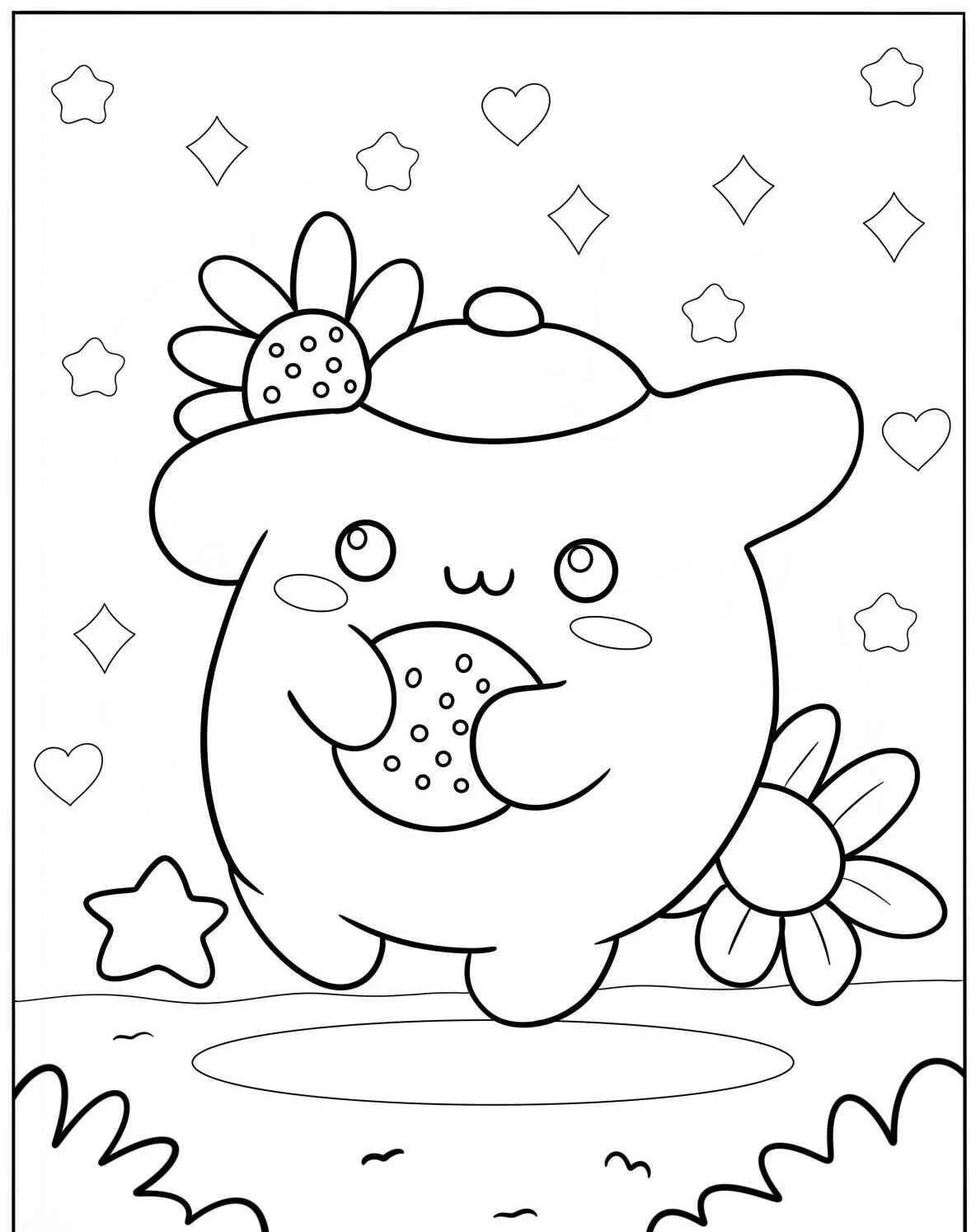 Desenho Fofo de Urso com Biscoito e Flores para Colorir