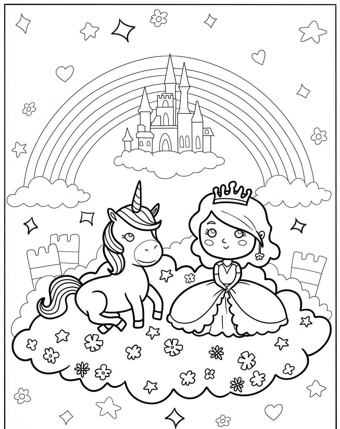 Süße Prinzessin mit Einhorn und Schloss zum Ausmalen