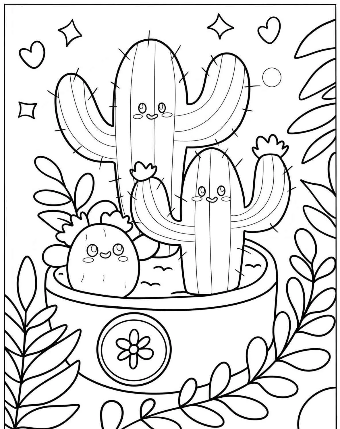 Desenho Fofo de Cactos Sorridentes para Colorir