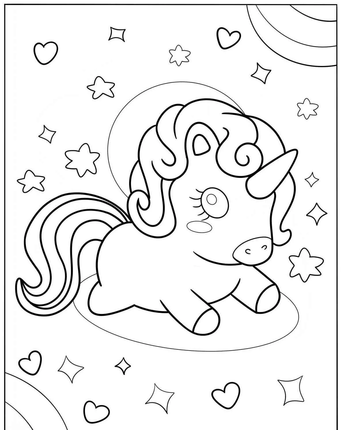 Desenho Fofo de Unicórnio Kawaii com Estrelas para Colorir