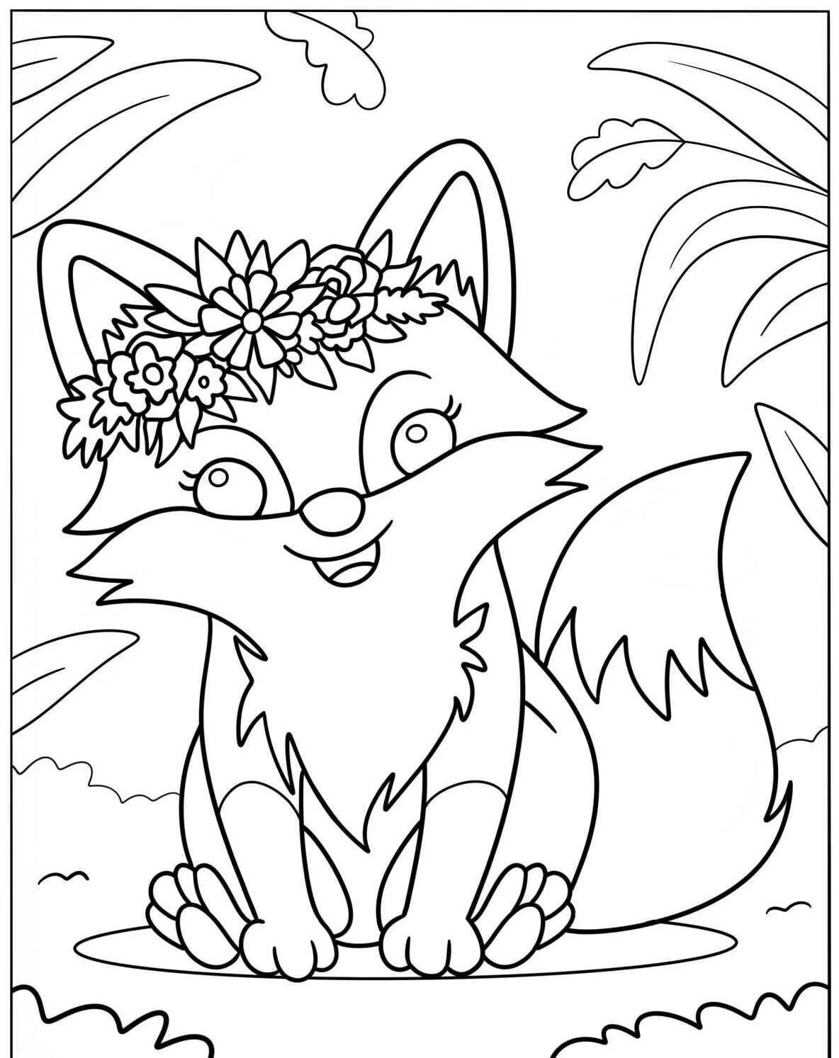 Desenho Fofo de Raposinha com Coroa de Flores para Colorir
