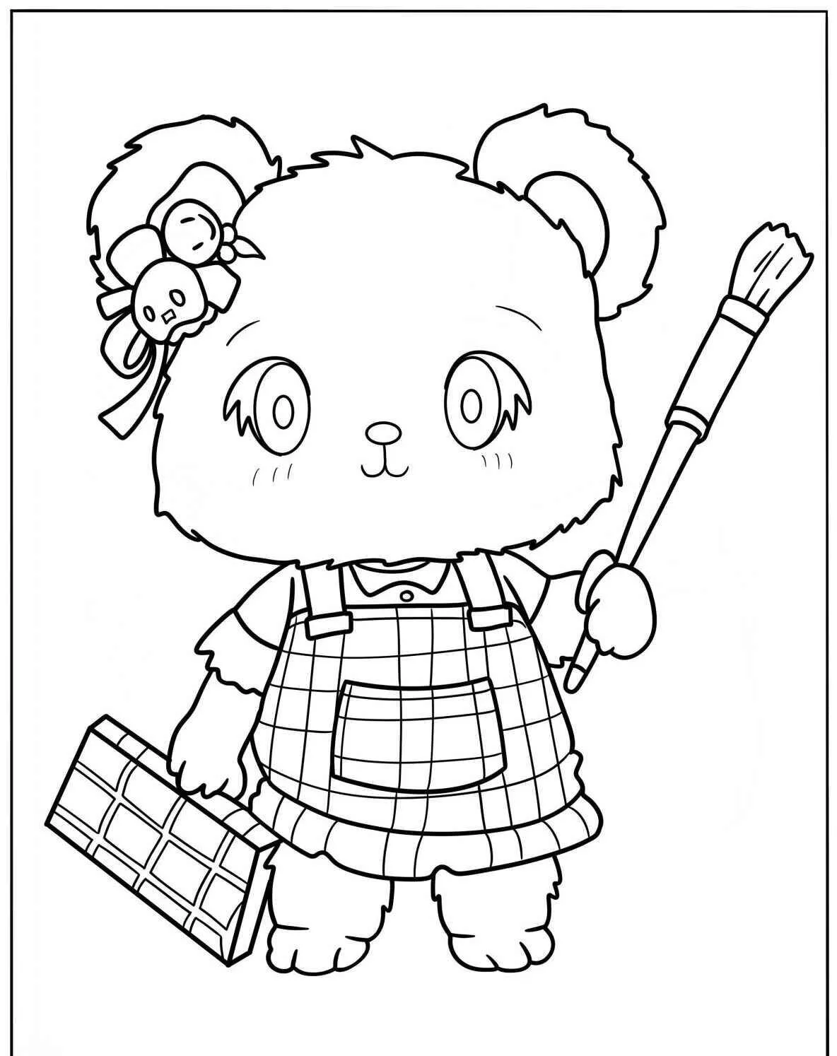 Desenho Fofo de Panda Artista com Pincel para Colorir