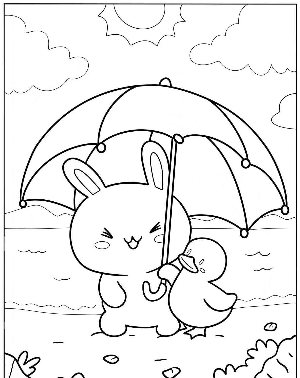 Coloriage mignon de lapin avec un parapluie et un caneton