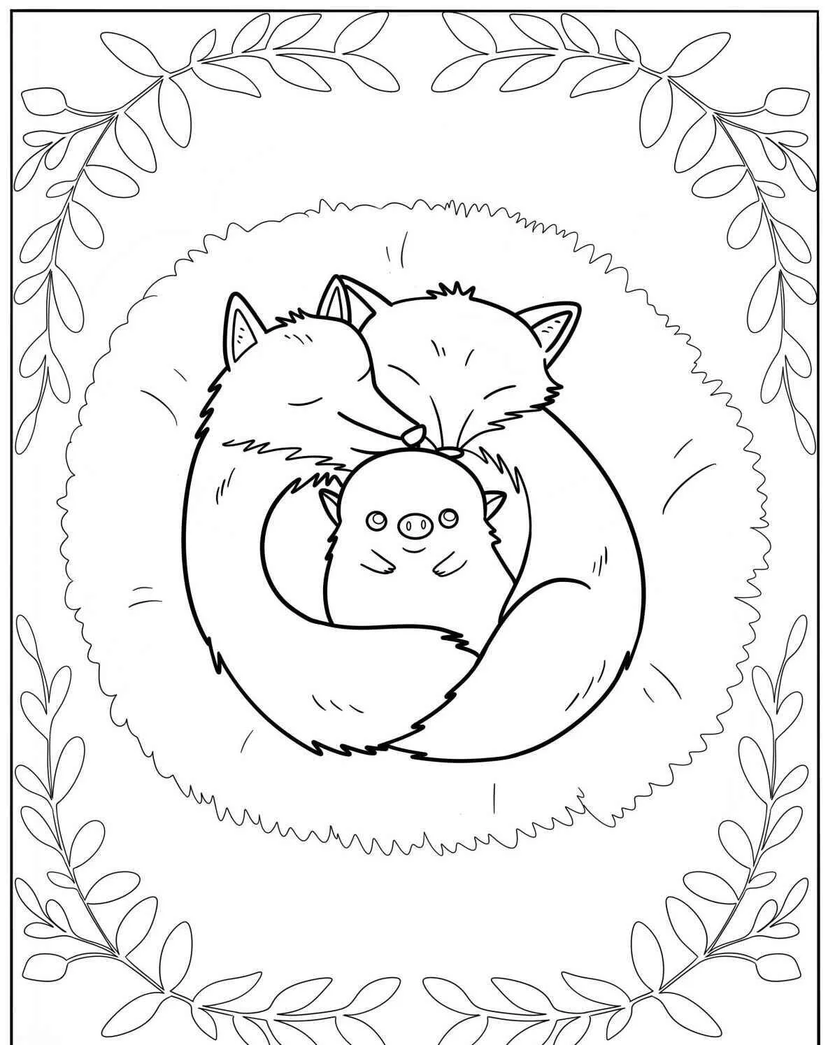 Desenho Fofo de Raposas Abraçando um Porquinho da Índia para Colorir