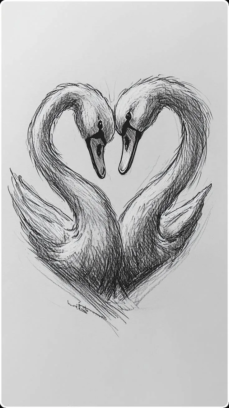 Desenho para Desenhar de Cisnes em Forma de Coração